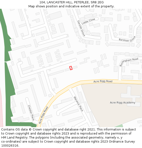 104, LANCASTER HILL, PETERLEE, SR8 2EG: Location map and indicative extent of plot