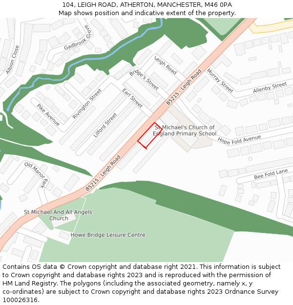 104, LEIGH ROAD, ATHERTON, MANCHESTER, M46 0PA: Location map and indicative extent of plot