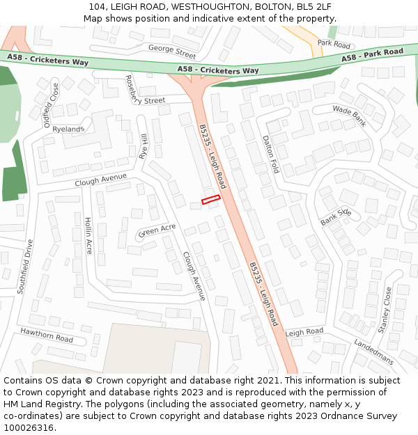 104, LEIGH ROAD, WESTHOUGHTON, BOLTON, BL5 2LF: Location map and indicative extent of plot
