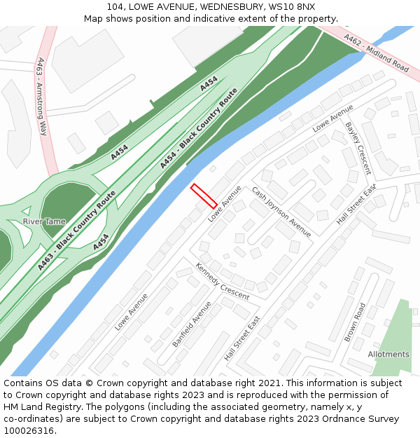 104, LOWE AVENUE, WEDNESBURY, WS10 8NX: Location map and indicative extent of plot