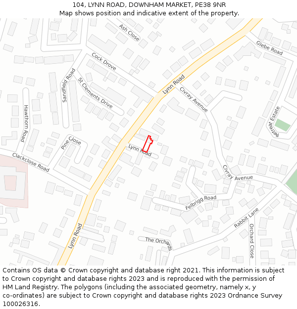 104, LYNN ROAD, DOWNHAM MARKET, PE38 9NR: Location map and indicative extent of plot