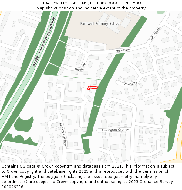 104, LYVELLY GARDENS, PETERBOROUGH, PE1 5RQ: Location map and indicative extent of plot