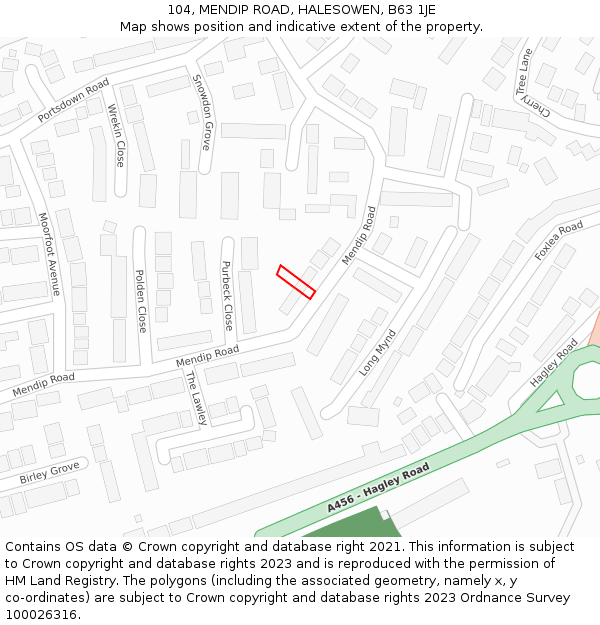 104, MENDIP ROAD, HALESOWEN, B63 1JE: Location map and indicative extent of plot