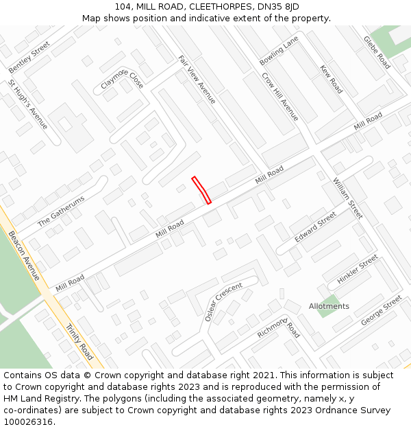 104, MILL ROAD, CLEETHORPES, DN35 8JD: Location map and indicative extent of plot