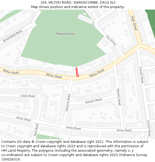 104, MILTON ROAD, SWANSCOMBE, DA10 0LY: Location map and indicative extent of plot