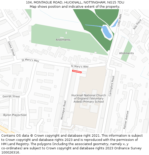 104, MONTAGUE ROAD, HUCKNALL, NOTTINGHAM, NG15 7DU: Location map and indicative extent of plot