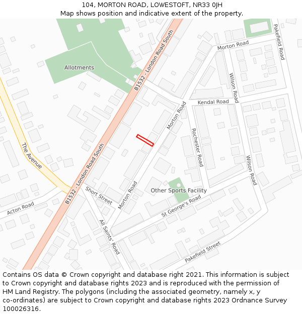 104, MORTON ROAD, LOWESTOFT, NR33 0JH: Location map and indicative extent of plot
