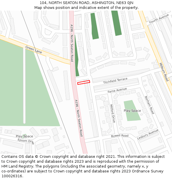 104, NORTH SEATON ROAD, ASHINGTON, NE63 0JN: Location map and indicative extent of plot