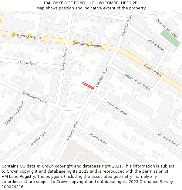 104, OAKRIDGE ROAD, HIGH WYCOMBE, HP11 2PL: Location map and indicative extent of plot