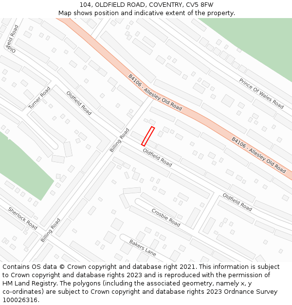 104, OLDFIELD ROAD, COVENTRY, CV5 8FW: Location map and indicative extent of plot