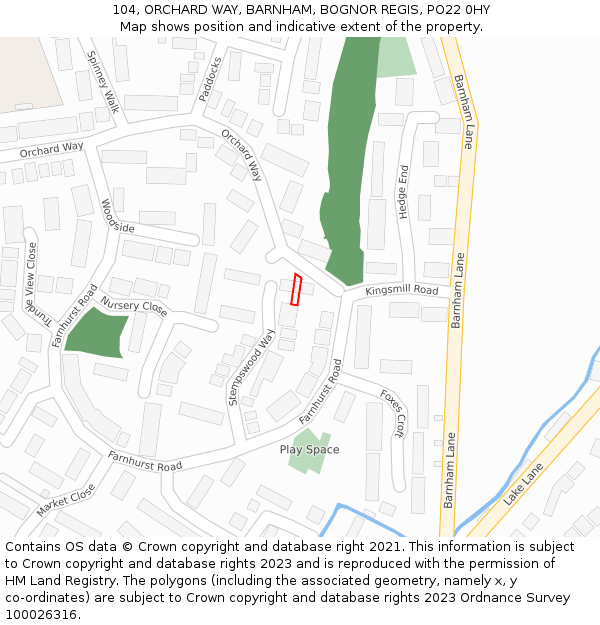 104, ORCHARD WAY, BARNHAM, BOGNOR REGIS, PO22 0HY: Location map and indicative extent of plot