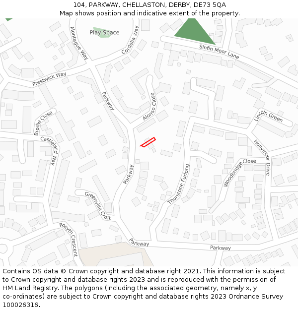104, PARKWAY, CHELLASTON, DERBY, DE73 5QA: Location map and indicative extent of plot