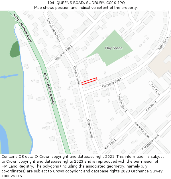 104, QUEENS ROAD, SUDBURY, CO10 1PQ: Location map and indicative extent of plot