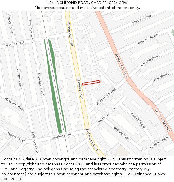 104, RICHMOND ROAD, CARDIFF, CF24 3BW: Location map and indicative extent of plot