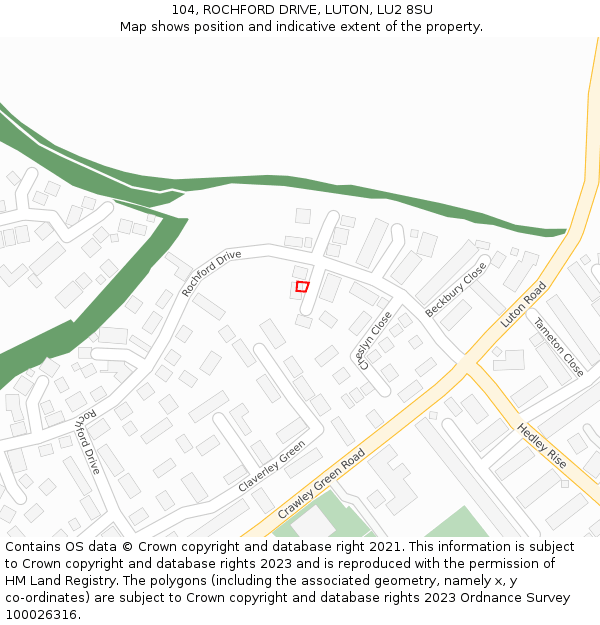 104, ROCHFORD DRIVE, LUTON, LU2 8SU: Location map and indicative extent of plot