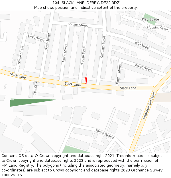 104, SLACK LANE, DERBY, DE22 3DZ: Location map and indicative extent of plot