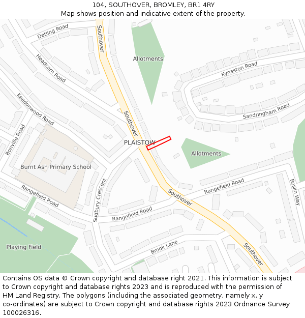 104, SOUTHOVER, BROMLEY, BR1 4RY: Location map and indicative extent of plot