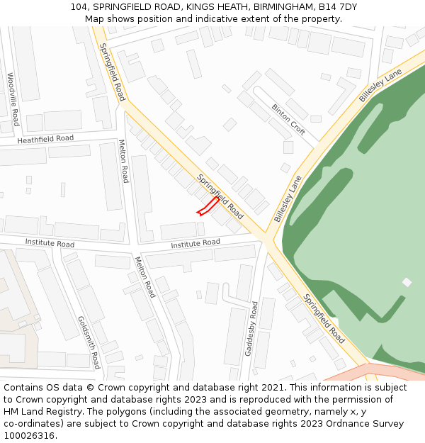 104, SPRINGFIELD ROAD, KINGS HEATH, BIRMINGHAM, B14 7DY: Location map and indicative extent of plot