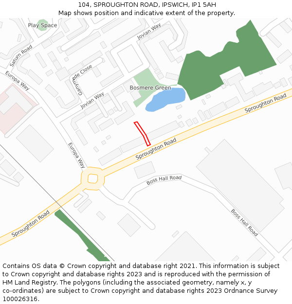 104, SPROUGHTON ROAD, IPSWICH, IP1 5AH: Location map and indicative extent of plot
