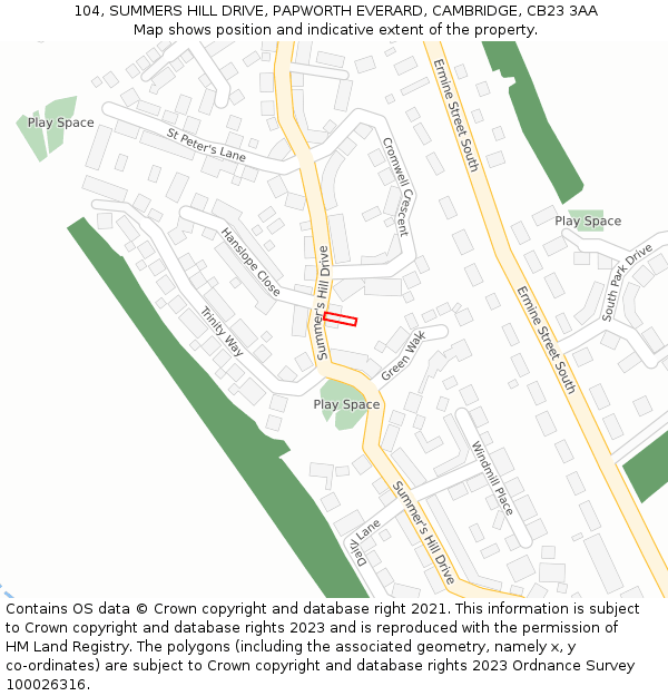 104, SUMMERS HILL DRIVE, PAPWORTH EVERARD, CAMBRIDGE, CB23 3AA: Location map and indicative extent of plot