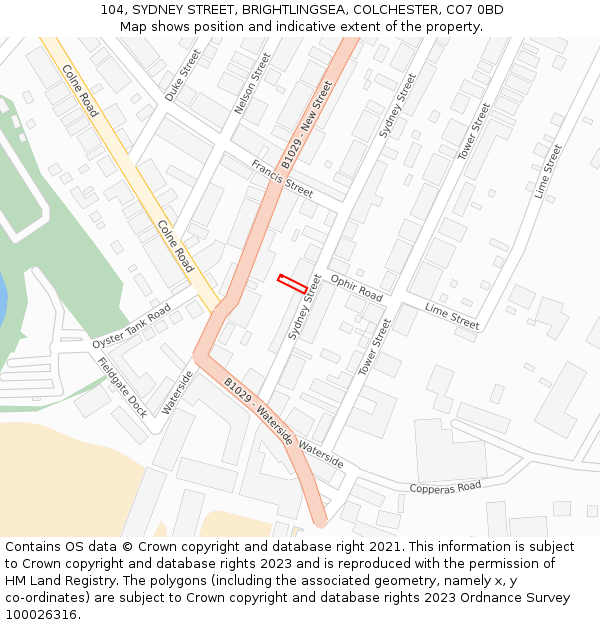 104, SYDNEY STREET, BRIGHTLINGSEA, COLCHESTER, CO7 0BD: Location map and indicative extent of plot