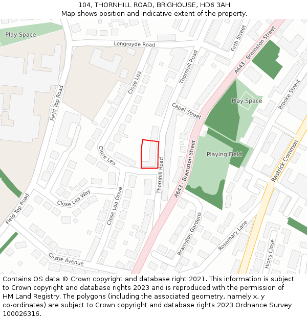 104, THORNHILL ROAD, BRIGHOUSE, HD6 3AH: Location map and indicative extent of plot