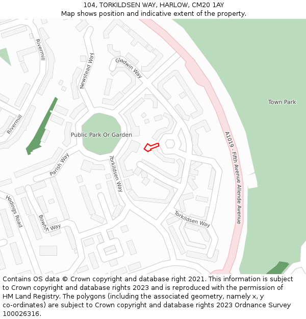 104, TORKILDSEN WAY, HARLOW, CM20 1AY: Location map and indicative extent of plot