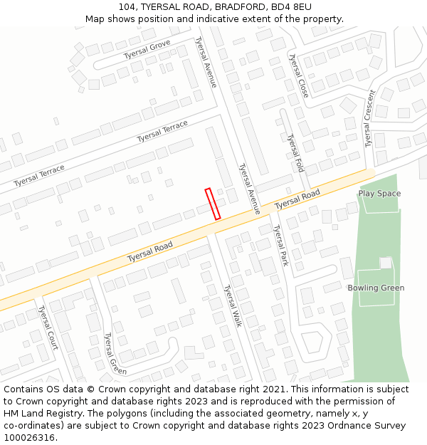 104, TYERSAL ROAD, BRADFORD, BD4 8EU: Location map and indicative extent of plot