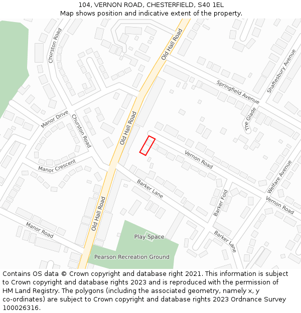 104, VERNON ROAD, CHESTERFIELD, S40 1EL: Location map and indicative extent of plot