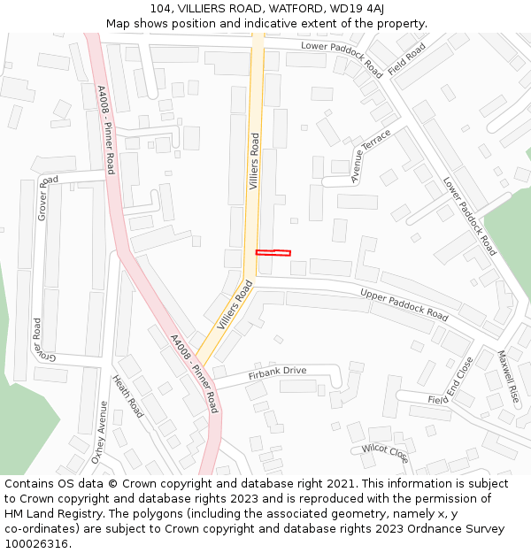 104, VILLIERS ROAD, WATFORD, WD19 4AJ: Location map and indicative extent of plot