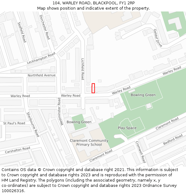 104, WARLEY ROAD, BLACKPOOL, FY1 2RP: Location map and indicative extent of plot
