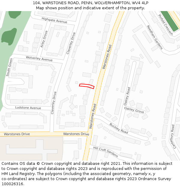104, WARSTONES ROAD, PENN, WOLVERHAMPTON, WV4 4LP: Location map and indicative extent of plot