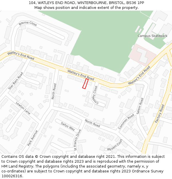 104, WATLEYS END ROAD, WINTERBOURNE, BRISTOL, BS36 1PP: Location map and indicative extent of plot