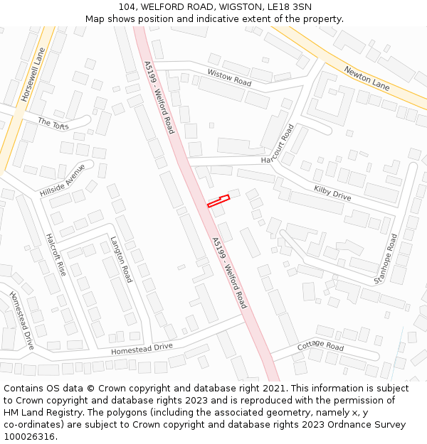 104, WELFORD ROAD, WIGSTON, LE18 3SN: Location map and indicative extent of plot