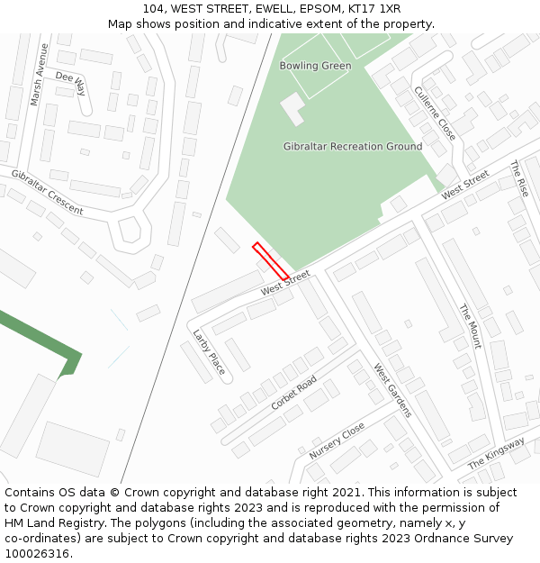 104, WEST STREET, EWELL, EPSOM, KT17 1XR: Location map and indicative extent of plot