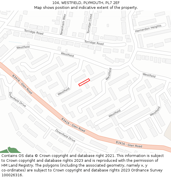 104, WESTFIELD, PLYMOUTH, PL7 2EF: Location map and indicative extent of plot