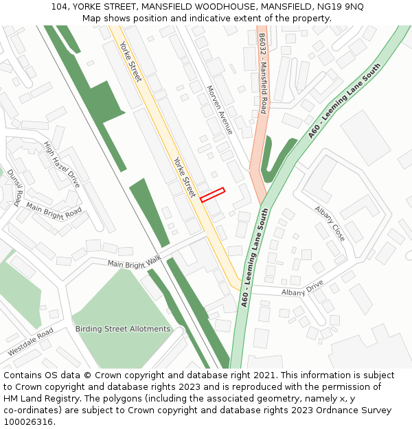 104, YORKE STREET, MANSFIELD WOODHOUSE, MANSFIELD, NG19 9NQ: Location map and indicative extent of plot