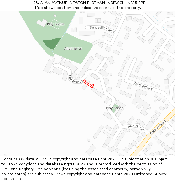 105, ALAN AVENUE, NEWTON FLOTMAN, NORWICH, NR15 1RF: Location map and indicative extent of plot