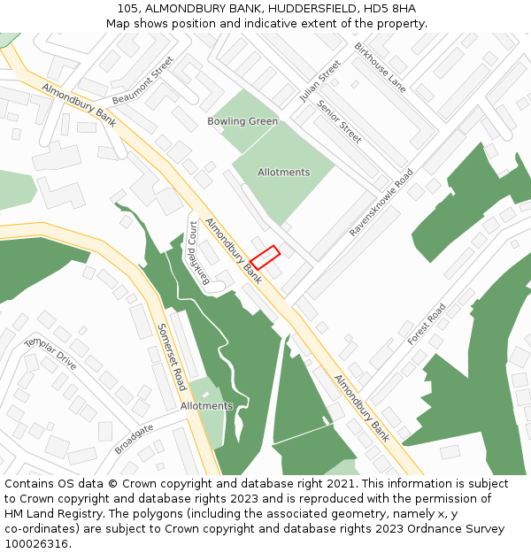 105, ALMONDBURY BANK, HUDDERSFIELD, HD5 8HA: Location map and indicative extent of plot