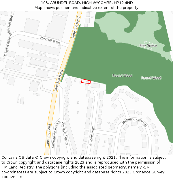 105, ARUNDEL ROAD, HIGH WYCOMBE, HP12 4ND: Location map and indicative extent of plot