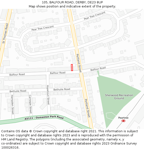 105, BALFOUR ROAD, DERBY, DE23 8UP: Location map and indicative extent of plot