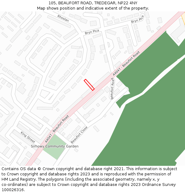 105, BEAUFORT ROAD, TREDEGAR, NP22 4NY: Location map and indicative extent of plot
