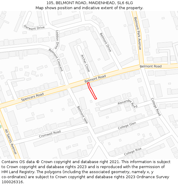 105, BELMONT ROAD, MAIDENHEAD, SL6 6LG: Location map and indicative extent of plot