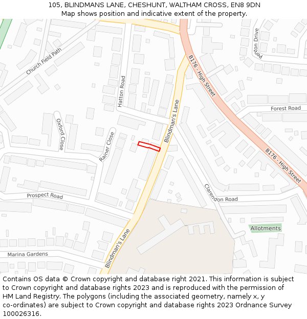 105, BLINDMANS LANE, CHESHUNT, WALTHAM CROSS, EN8 9DN: Location map and indicative extent of plot