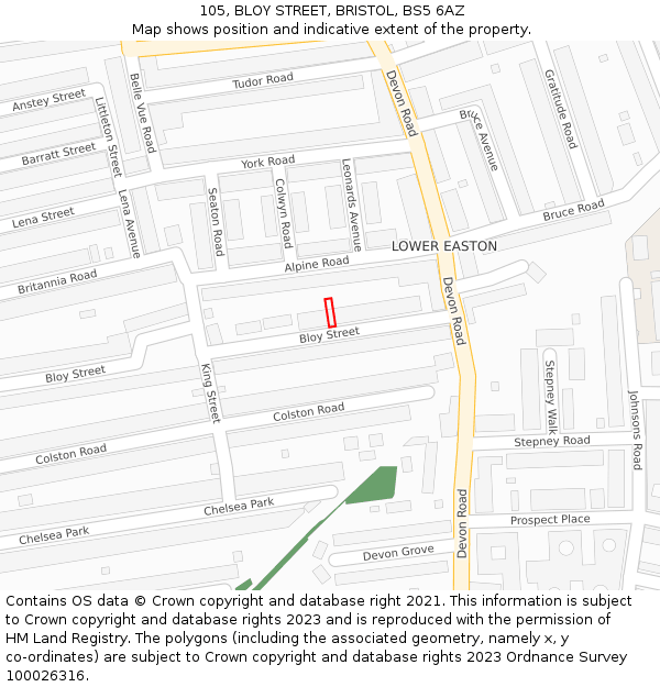 105, BLOY STREET, BRISTOL, BS5 6AZ: Location map and indicative extent of plot