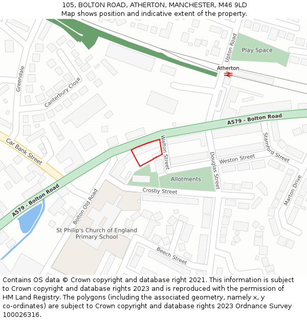 105, BOLTON ROAD, ATHERTON, MANCHESTER, M46 9LD: Location map and indicative extent of plot
