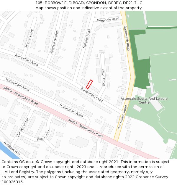 105, BORROWFIELD ROAD, SPONDON, DERBY, DE21 7HG: Location map and indicative extent of plot