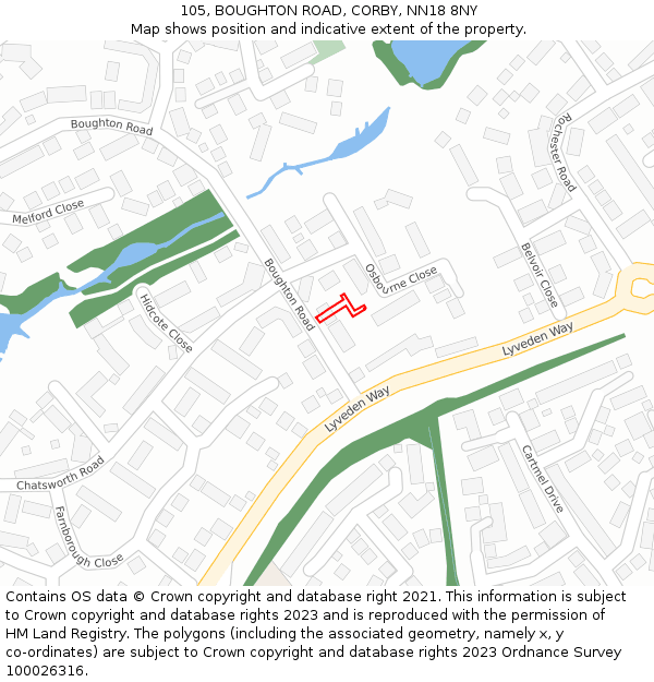 105, BOUGHTON ROAD, CORBY, NN18 8NY: Location map and indicative extent of plot