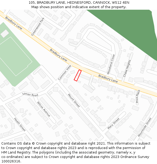 105, BRADBURY LANE, HEDNESFORD, CANNOCK, WS12 4EN: Location map and indicative extent of plot