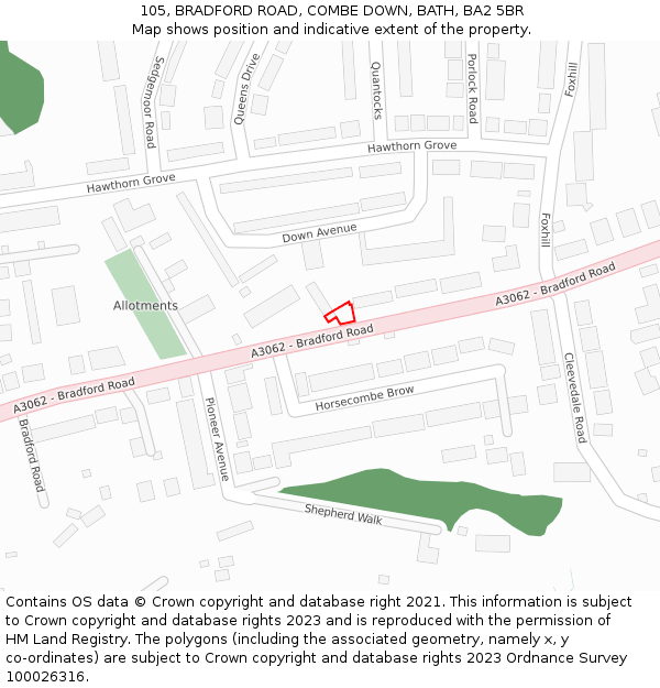 105, BRADFORD ROAD, COMBE DOWN, BATH, BA2 5BR: Location map and indicative extent of plot